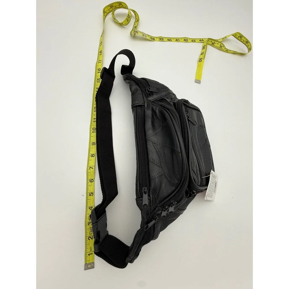 1990s Maxam Genuine Lambskin Leather Fanny Pack Black Multi Pocket Waist Bag NWT - Picture 11 of 14